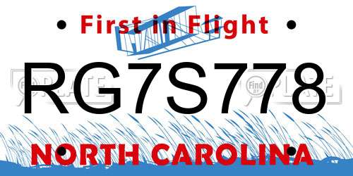 RG7S778 North Carolina License Plate