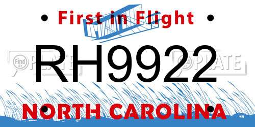 RH9922 North Carolina License Plate