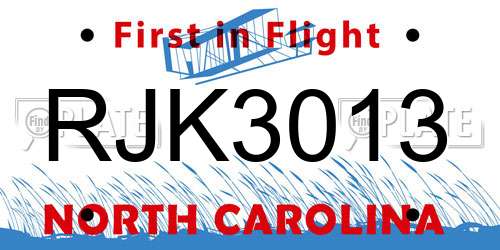 RJK3013 North Carolina License Plate
