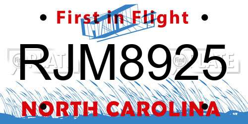 RJM8925 North Carolina License Plate