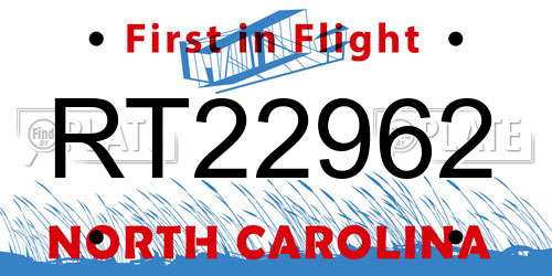 RT22962 North Carolina License Plate