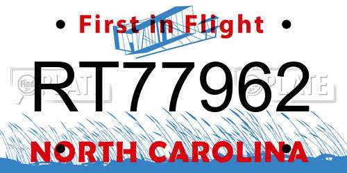 RT77962 North Carolina License Plate