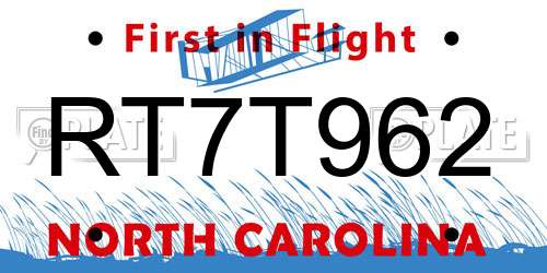 RT7T962 North Carolina License Plate