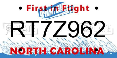RT7Z962 North Carolina License Plate