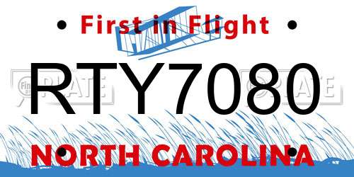 RTY7080 North Carolina License Plate