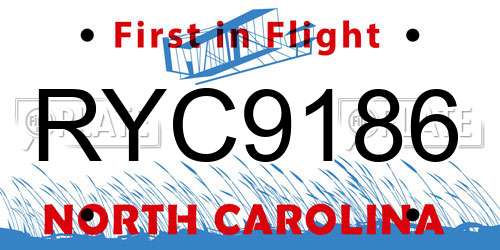 RYC9186 North Carolina License Plate