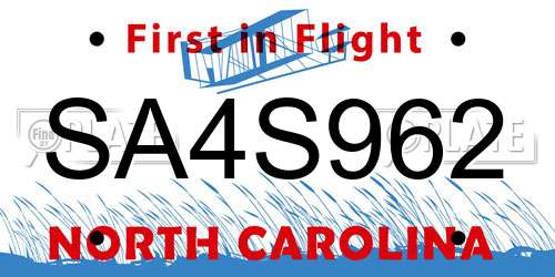 SA4S962 North Carolina License Plate