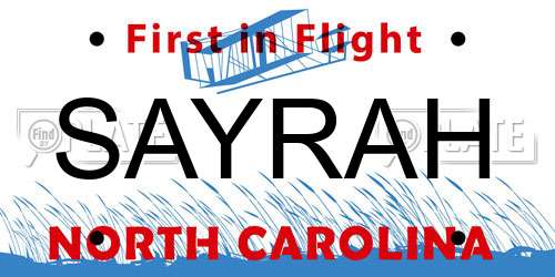SAYRAH North Carolina License Plate