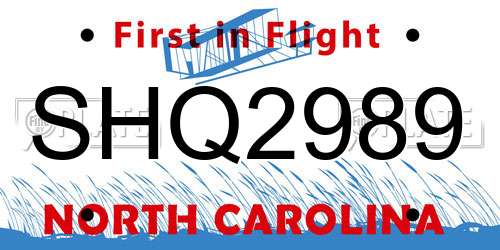 SHQ2989 North Carolina License Plate