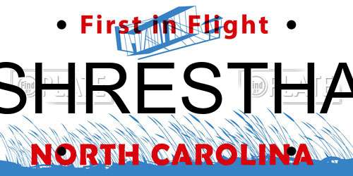SHRESTHA North Carolina License Plate