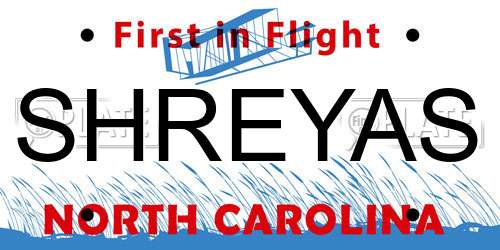 SHREYAS North Carolina License Plate