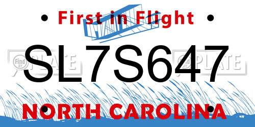 SL7S647 North Carolina License Plate
