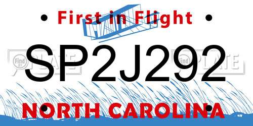 SP2J292 North Carolina License Plate