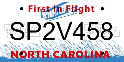 SP2V458 North Carolina License Plate