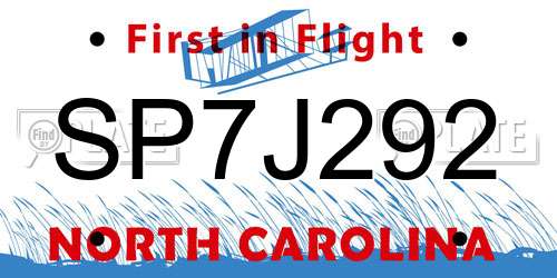 SP7J292 North Carolina License Plate
