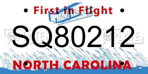 SQ80212 North Carolina License Plate