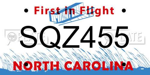 SQZ455 North Carolina License Plate