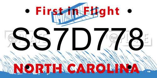 SS7D778 North Carolina License Plate