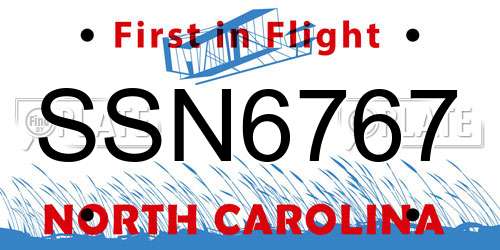 SSN6767 North Carolina License Plate