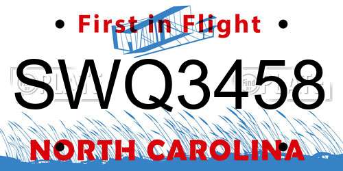 SWQ3458 North Carolina License Plate