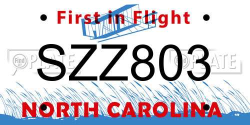 SZZ803 North Carolina License Plate