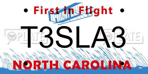 T3SLA3 North Carolina License Plate