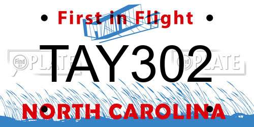 TAY302 North Carolina License Plate