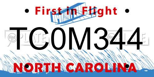 TC0M344 North Carolina License Plate