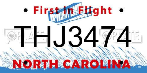 THJ3474 North Carolina License Plate