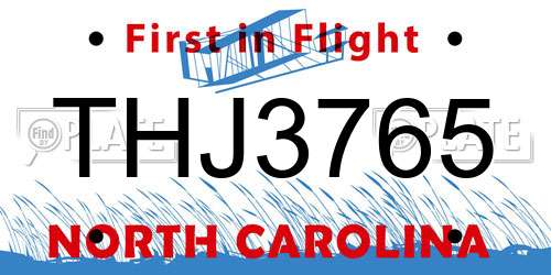 THJ3765 North Carolina License Plate