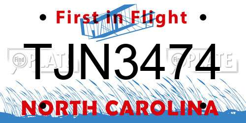 TJN3474 North Carolina License Plate
