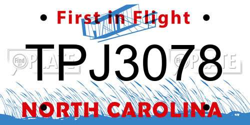 TPJ3078 North Carolina License Plate