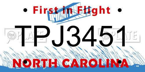 TPJ3451 North Carolina License Plate
