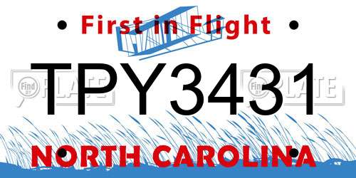 TPY3431 North Carolina License Plate