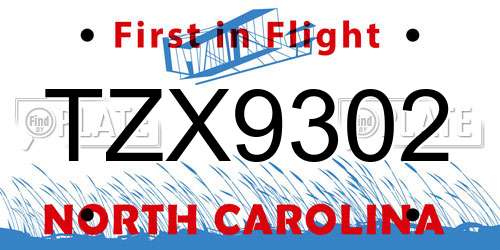 TZX9302 North Carolina License Plate