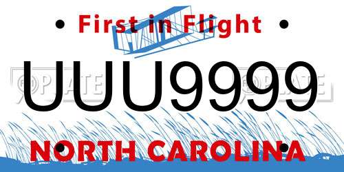 UUU9999 North Carolina License Plate