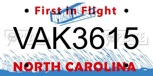 VAK3615 North Carolina License Plate