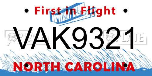 VAK9321 North Carolina License Plate