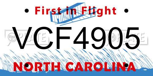 VCF4905 North Carolina License Plate