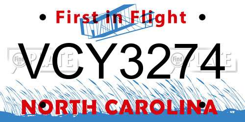 VCY3274 North Carolina License Plate
