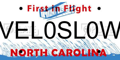 VEL0SL0W North Carolina License Plate