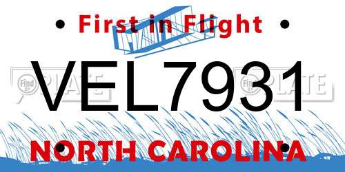 VEL7931 North Carolina License Plate
