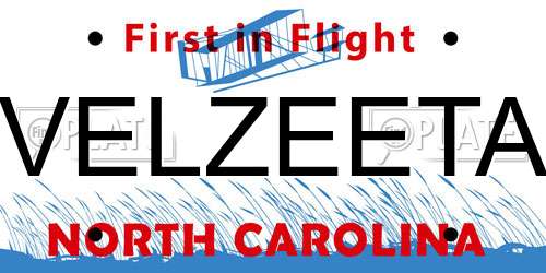 VELZEETA North Carolina License Plate