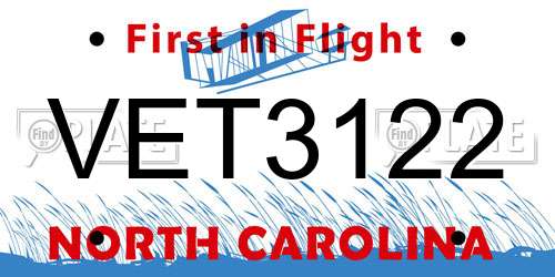 VET3122 North Carolina License Plate
