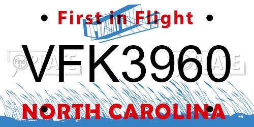 VFK3960 North Carolina License Plate