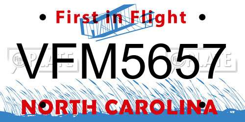 VFM5657 North Carolina License Plate