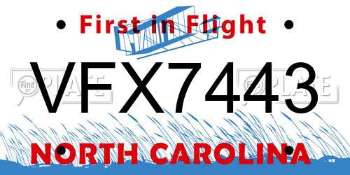 VFX7443 North Carolina License Plate