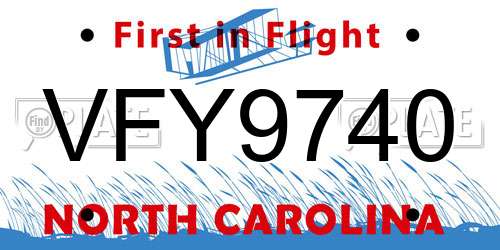 VFY9740 North Carolina License Plate