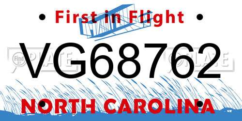 VG68762 North Carolina License Plate