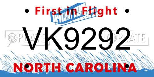 VK9292 North Carolina License Plate